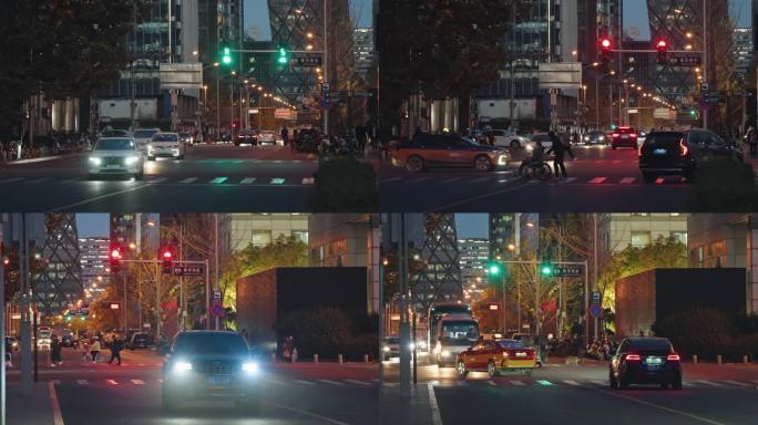 城市夜晚交通忙碌下班空镜车流十字路口红绿