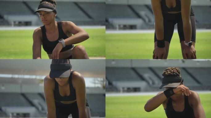 女田径运动员戴着面罩和智能手表休息