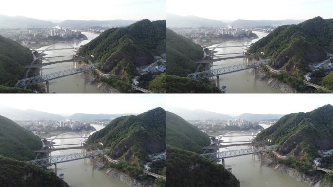 航拍重庆北碚嘉陵江上的八桥叠翠