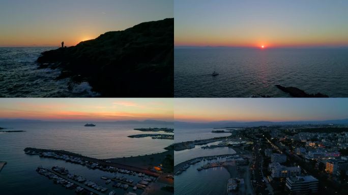 地中海夕阳下爱琴海边希腊雅典游艇码头