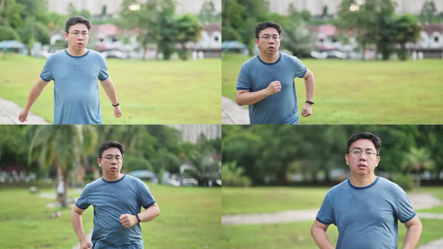 正视身体阳性亚裔中国中年男子周末早上在公园慢跑