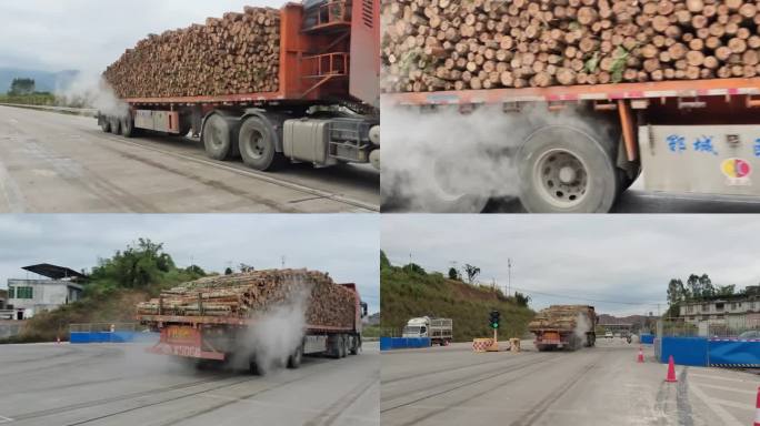 大货车拉着木材 木材货物 超重行驶