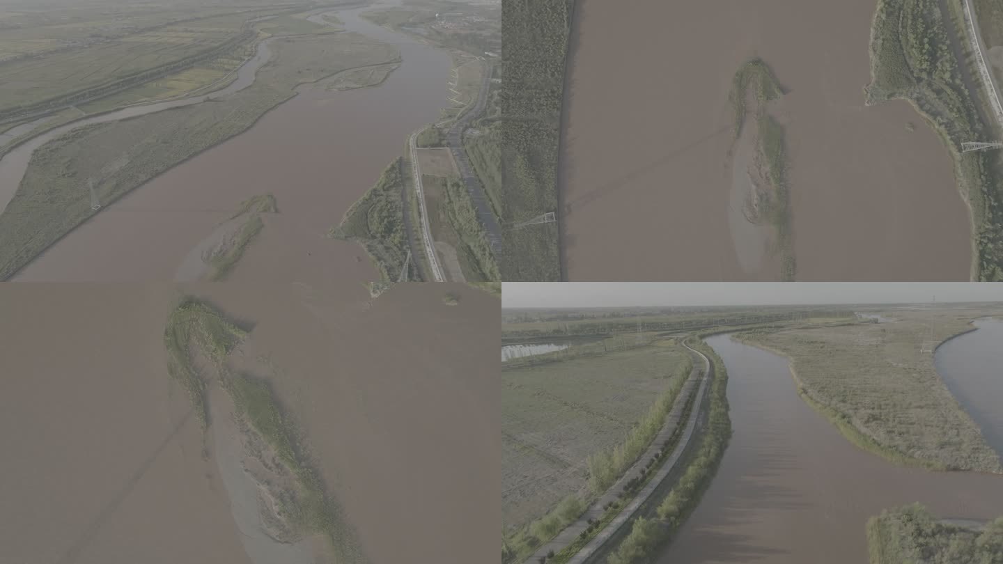 黄河支流黄河主流航拍河面河边稻田灰片