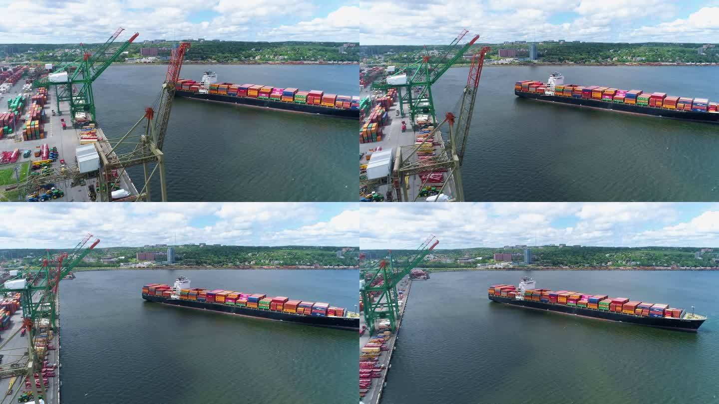 集装箱船抵达港口航拍货轮超大轮渡物流