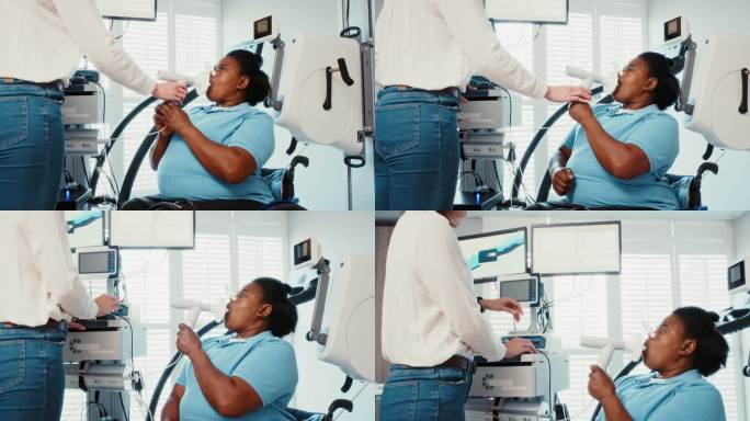 医生在医院对轮椅患者进行肺容量测试。使用数据分析技术检查残疾妇女的肺功能。检测新冠肺炎后的最佳血氧水