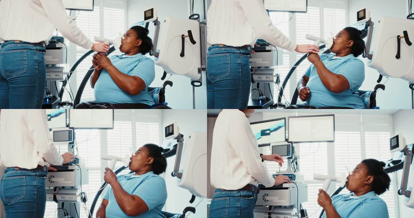 医生在医院对轮椅患者进行肺容量测试。使用数据分析技术检查残疾妇女的肺功能。检测新冠肺炎后的最佳血氧水
