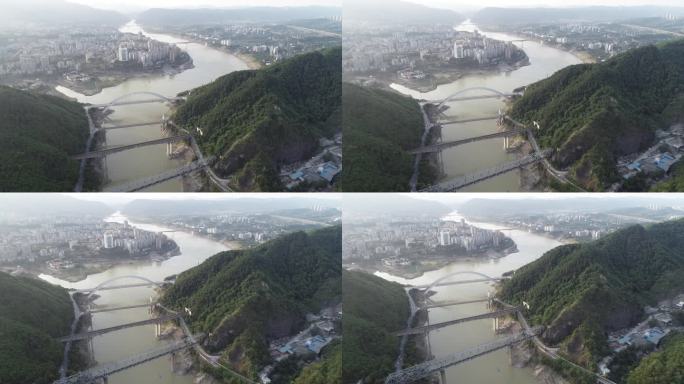 航拍重庆北碚嘉陵江上的八桥叠翠