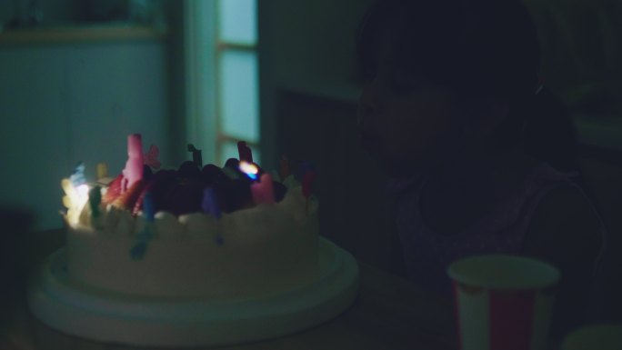 快乐女孩在生日蛋糕上吹蜡烛