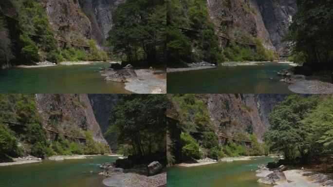 航拍峡谷栈道河水