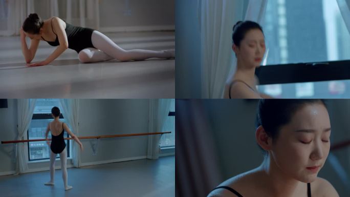 芭蕾舞女孩在练功房跳舞摔倒受伤伤心孤独