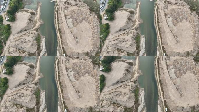 航拍河道河流采沙场沙堆清淤淡水沙建筑材料