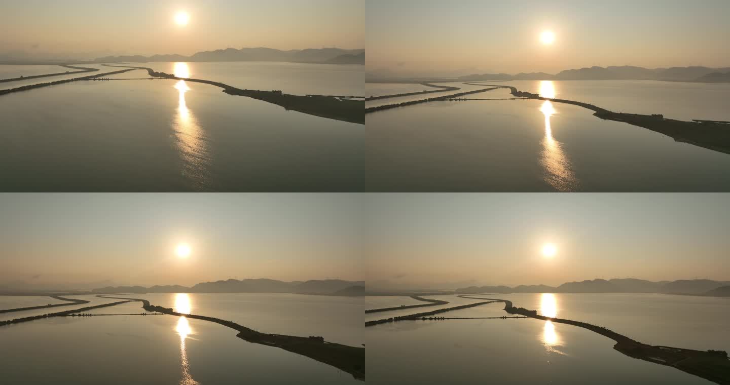 唯美夕阳湖面航拍空镜（1）