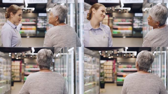 一名店员在超市帮助一名女士的4k视频片段