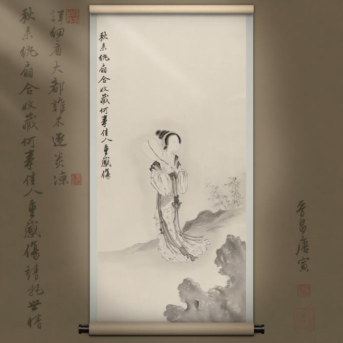 明代画家唐寅国画秋风纨扇图动画视频素材