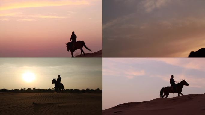 夕阳骑马剪影 沙漠骑马 男人骑马草原牧民