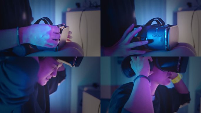 使用VR耳机的女性，在有霓虹灯的房间里
