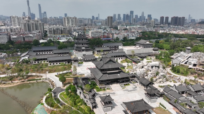 航拍海珠湖公园广州文化馆建筑风光