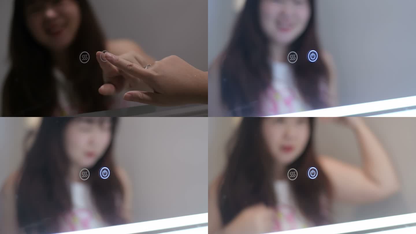 自信的年轻女性在智能家居浴室的镜子上用触摸屏打开和关闭灯按钮