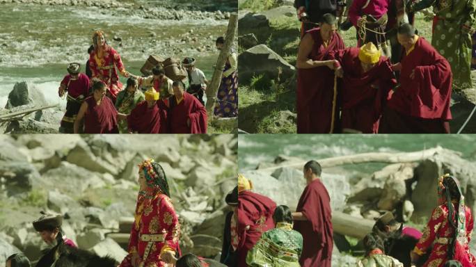 西藏大喇嘛女子一行河边行走