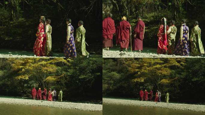 藏族大喇嘛女子河边行走