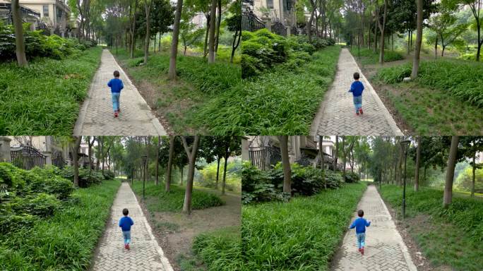航拍城市人像风光：小男孩在公园步道里奔跑