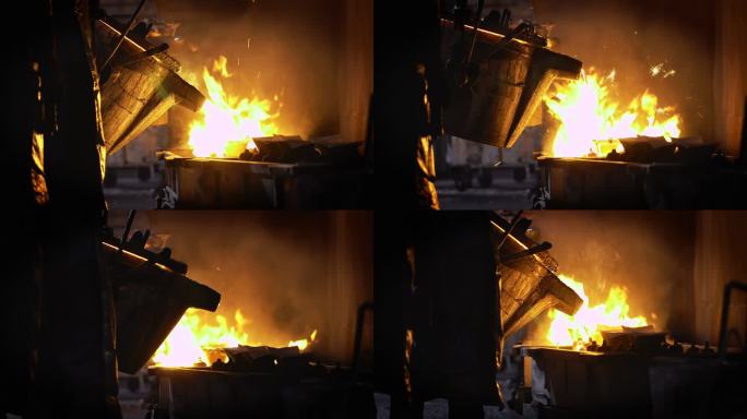 熔融金属熔化，操作员努力将熔融金属从熔炉中取出到钢包中进行浇注