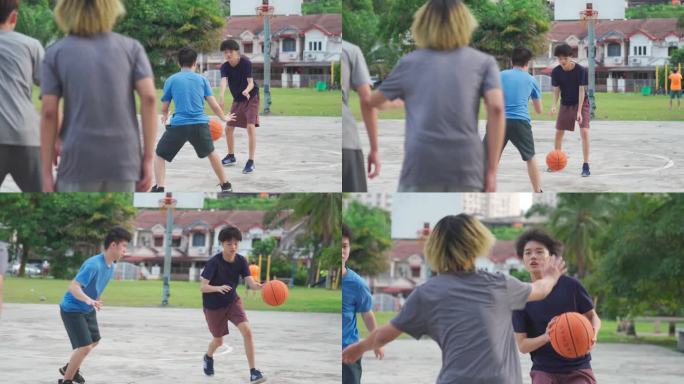 Z世代亚洲华裔少年在周末早上与朋友们一起练习篮球比赛，挑战球员并投篮