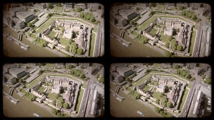 英国伦敦塔老电影鸟瞰图。4公里