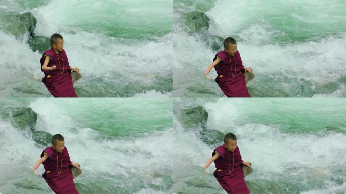 小喇嘛向河水中扔石子