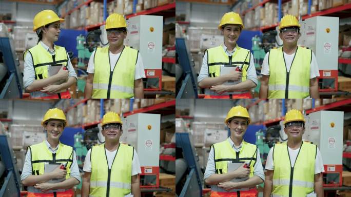 两名仓库工人在公司仓库内穿着反光背心和安全帽。