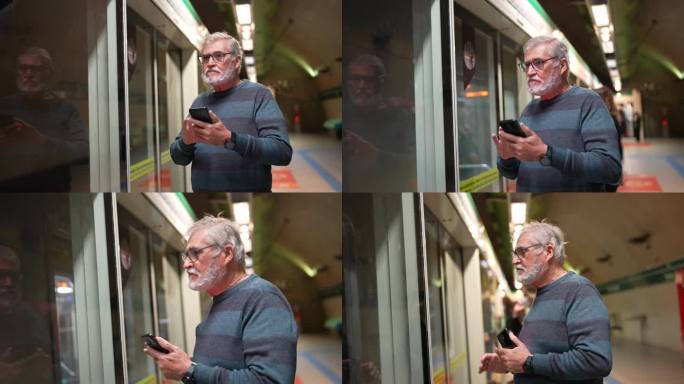 老年人在等地铁列车时使用手机