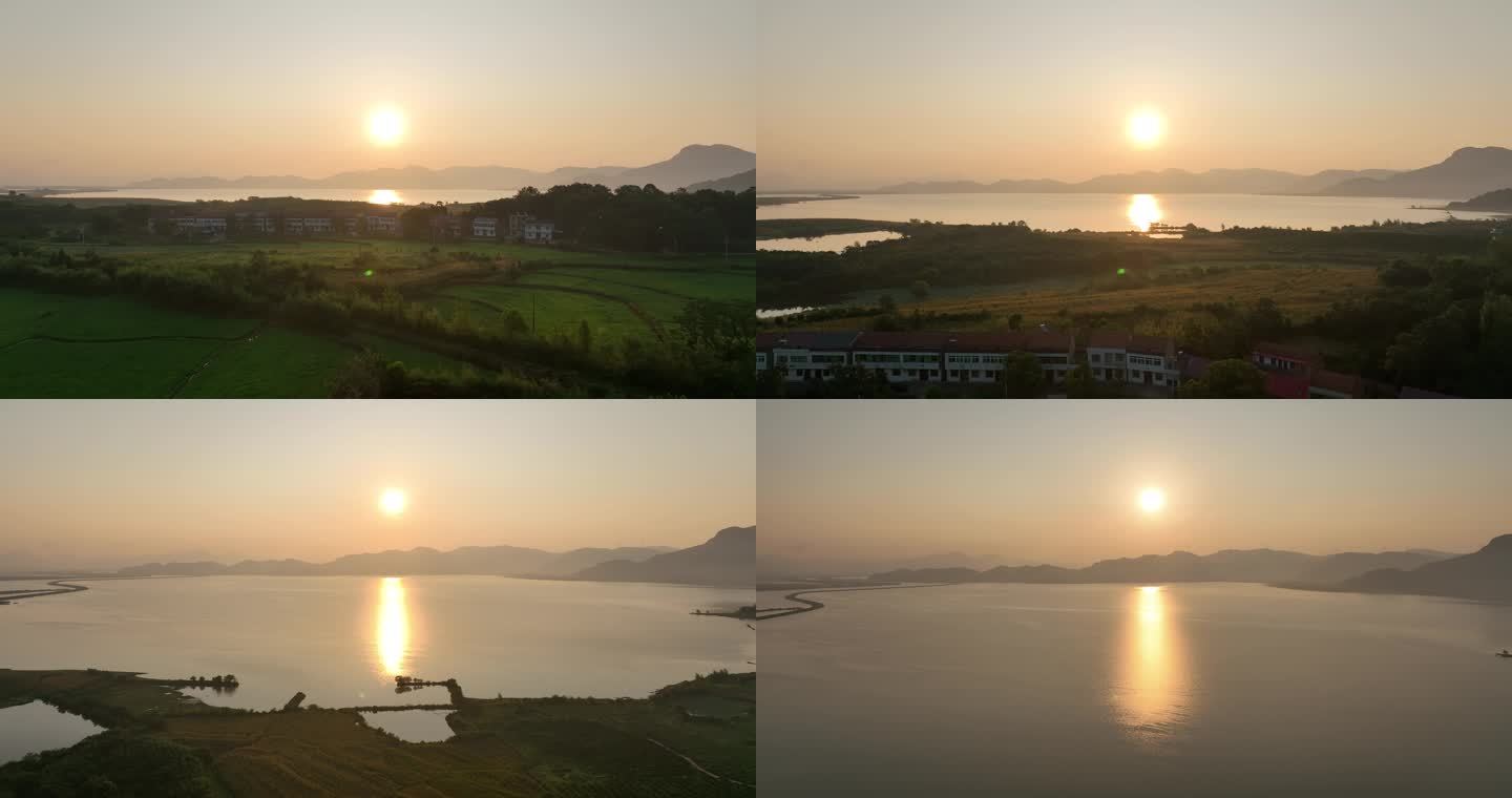 农村湖面日落夕阳航拍空镜（2）