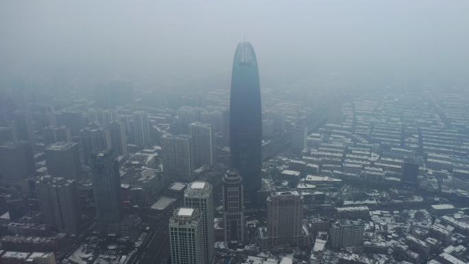 航拍冬季雪后山东济南市市中区