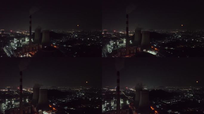夜晚火力发电厂冷水塔城市夜景大湾区