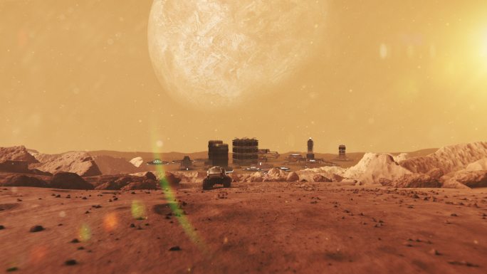 火星上的殖民地。干旱气候下的锈山。背景中遥远的行星