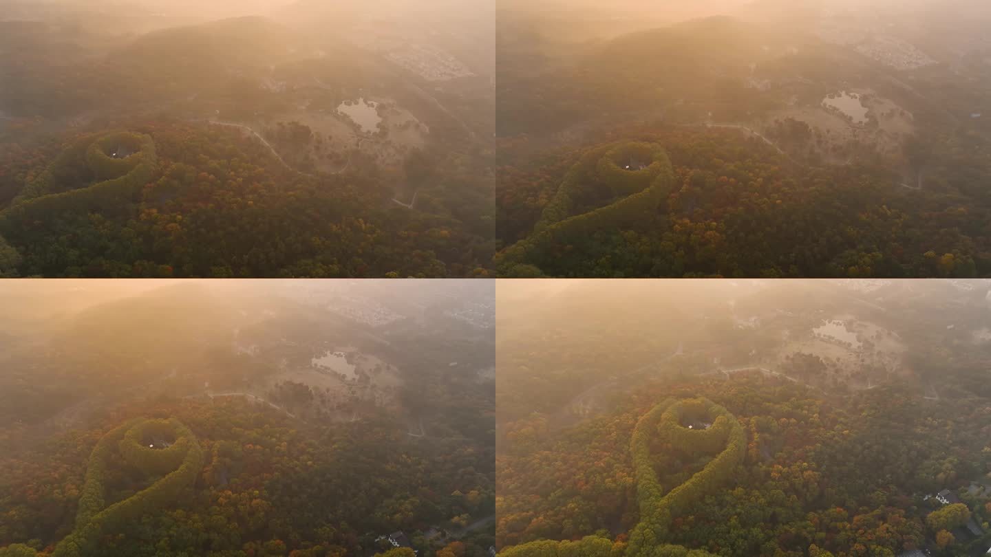 航拍日出晨雾中的南京地标美龄宫