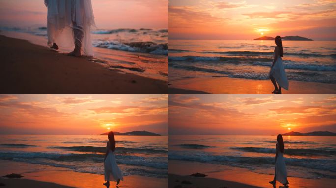 海边美女在夕阳下散步 情绪短片