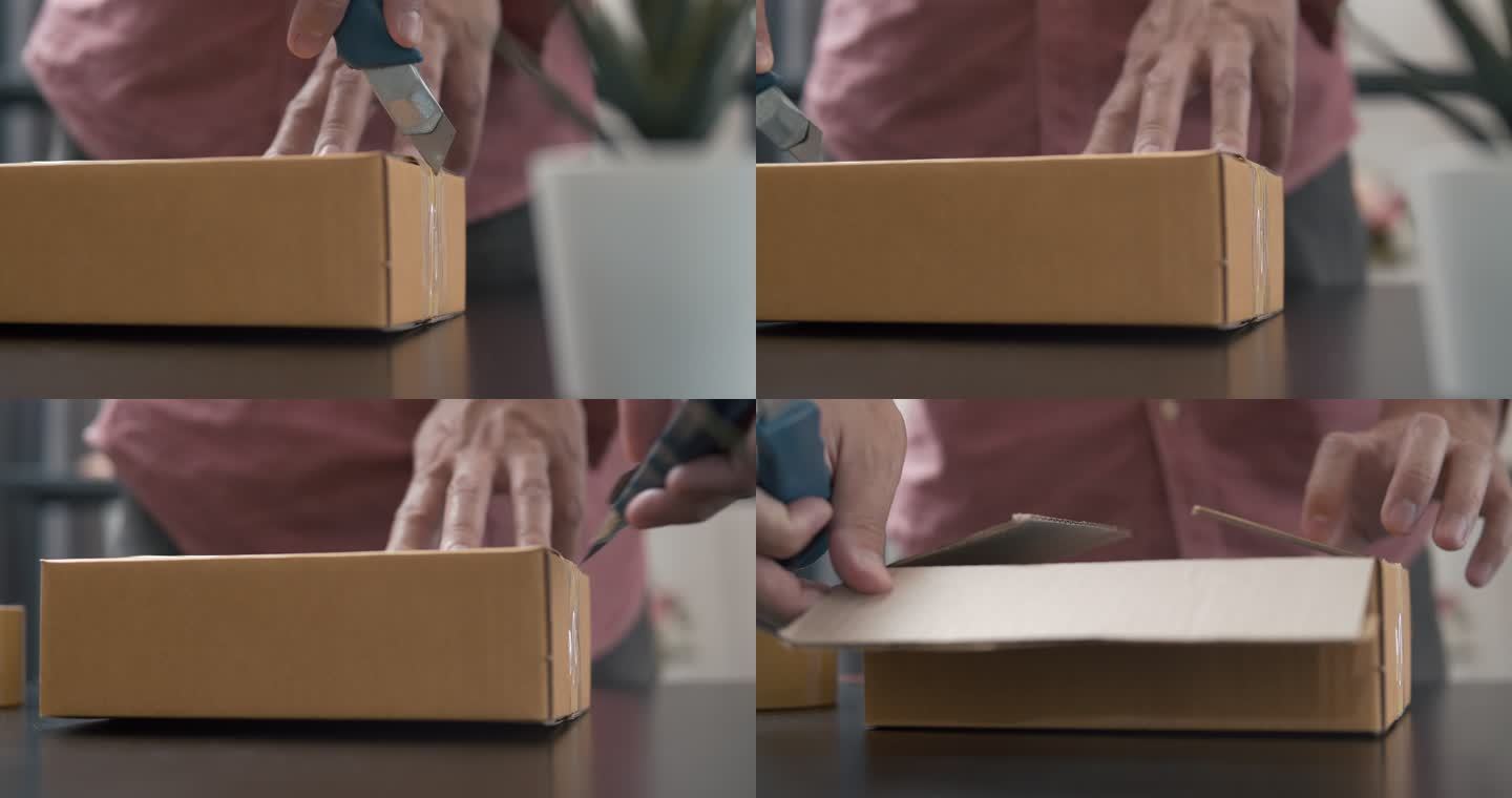 一名男子使用锋利的刀子切割并打开网上购物的包装盒