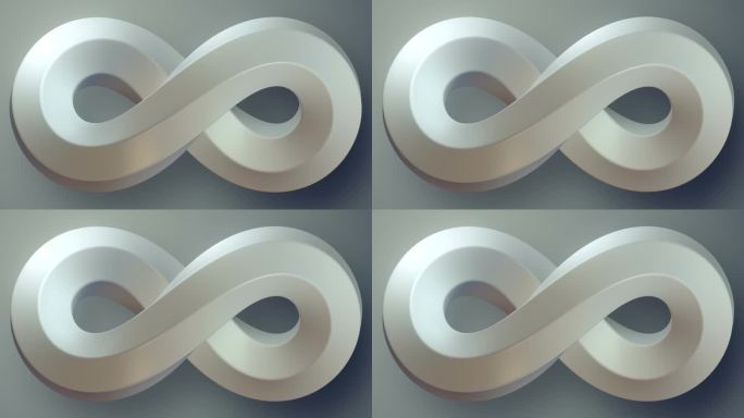 白色旋转弯曲无限莫比乌斯带的运动。抽象艺术背景。3d渲染数字无缝循环动画。高清分辨率