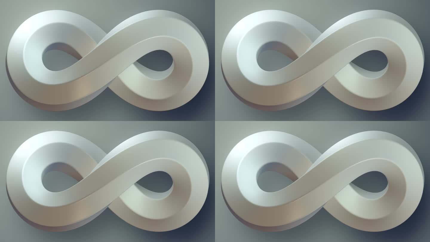 白色旋转弯曲无限莫比乌斯带的运动。抽象艺术背景。3d渲染数字无缝循环动画。高清分辨率