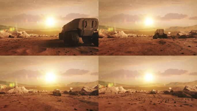 火星上的殖民地。干旱气候下的锈山。背景中遥远的行星