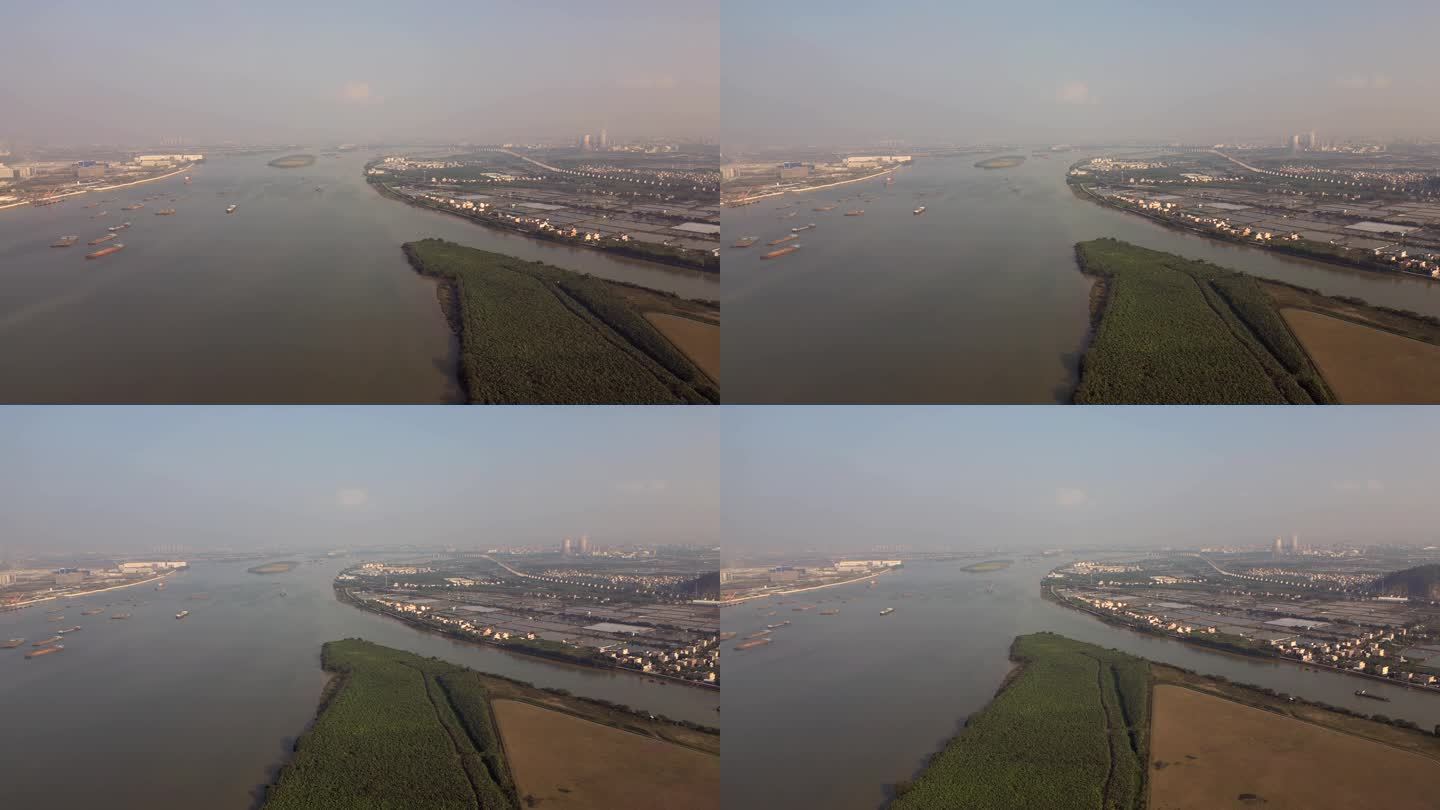 洪奇沥水道河道运输珠江入海口鸟瞰大湾区