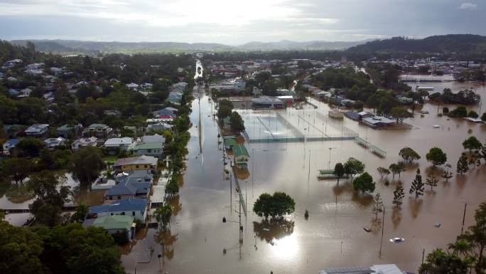 澳大利亚新南威尔士州利斯莫尔洪水鸟瞰图