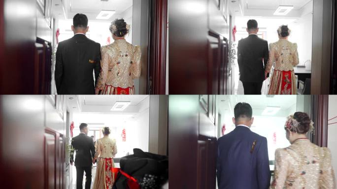 新郎新娘一起走回家背影