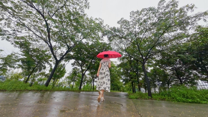雨中小树林打伞的忧郁姑娘