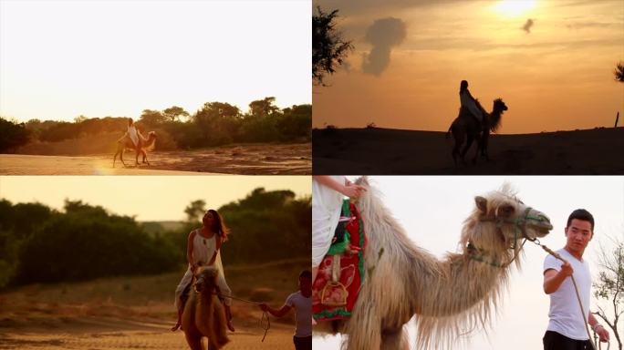 美女沙漠骑骆驼 夕阳落日下骑骆驼剪影