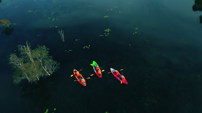 探索大自然三艘皮划艇湖面划船自然生态