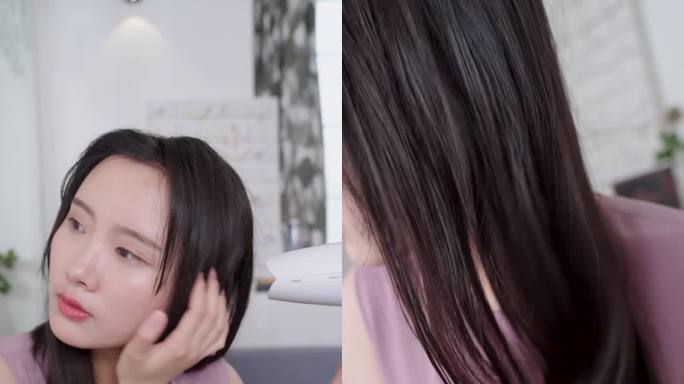 擦头发，吹头发，展示头发