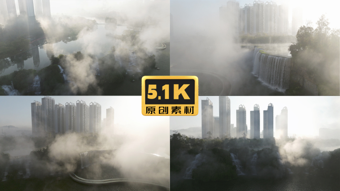 5K-清晨雾气升腾的瀑布，昆明瀑布公园