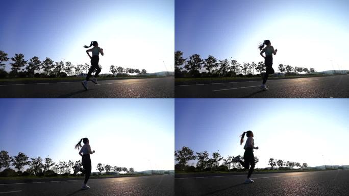 女孩清晨迎着日出跑步-户外阳光锻炼身体
